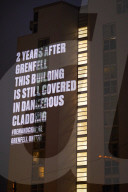 A projection on Frinstead House in west London on the eve of the second anniversary of the Grenfell Tower fire. 