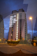 A projection on Frinstead House in west London on the eve of the second anniversary of the Grenfell Tower fire. 