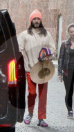 Jared Leto is pictured leaving a hotel in Moscow as he heads out to perform with his band Thirty Seconds To Mars at the Park Live concert in Russia