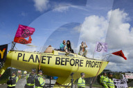 Extinction Rebellion blocks UK fracking site in climate protest. Environmental activists demonstrate outside Cuadrilla’s Preston New Road site