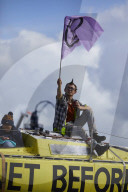 Extinction Rebellion blocks UK fracking site in climate protest. Environmental activists demonstrate outside Cuadrilla’s Preston New Road site