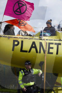 Extinction Rebellion blocks UK fracking site in climate protest. Environmental activists demonstrate outside Cuadrilla’s Preston New Road site