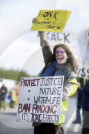 Extinction Rebellion blocks UK fracking site in climate protest. Environmental activists demonstrate outside Cuadrilla’s Preston New Road site