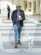 PREMIUM EXCLUSIVE Lukas Haas Brings His Pup Along For His Morning Coffee Run