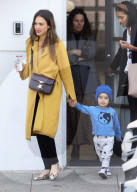 PREMIUM EXCLUSIVE Jessica Alba Is Uber Chic In Yellow Overcoat While Out With Adorable Son Hayes