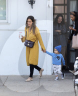 PREMIUM EXCLUSIVE Jessica Alba Is Uber Chic In Yellow Overcoat While Out With Adorable Son Hayes