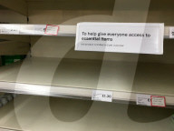 Empty shelves in a Tesco supermarket in east London after shoppers panic buy essential items as they prepare for a potential UK lockdown for an oncoming coronavirus outbreak and self isolation.
