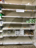 Empty shelves in a Tesco supermarket in east London after shoppers panic buy essential items as they prepare for a potential UK lockdown for an oncoming coronavirus outbreak and self isolation.
