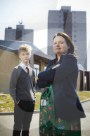 Collette Hunnisett, headteacher at Olive AP Academy Thurrock in Essex, with Michael - the last student remaining following the UK coronavirus lockdown