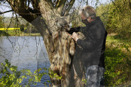 FEATURE -  Gut getarnt! Nature Art Bodypainting Model vor einem Baum fast nicht zu erkennen