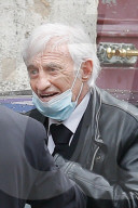 Jean Paul Belmondo arriving at Guy Bedos funeral in Saint Germain des pres in Paris