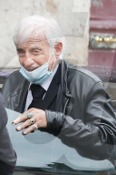 Jean Paul Belmondo arriving at Guy Bedos funeral in Saint Germain des pres in Paris