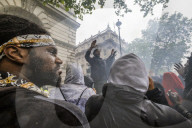 Large protest with over 15,000 for George Floyd in the centre of London. Protesters split into different groups.  Police horses charged the crowd in front of Downing St and projectiles were thrown.