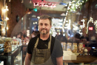 Baker Andrew Twentyman at his pizza restaurant and bakery in Leigh, Greater Manchester.