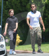 Gwyneth Paltrowâ€™s husband Brad Falchuk is seen on a walk with his son Brody during a Sunday morning errand run
