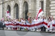 A large group of Belarusians gathered in front of Downing Street to protest the post election repression in the country and asked for intervention by the British Foreign Office.