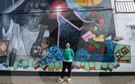 A 9 metre George Michael mural painted in Kingsbury by artist Dawn Mellor, North West London.