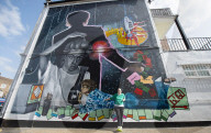 A 9 metre George Michael mural painted in Kingsbury by artist Dawn Mellor, North West London.