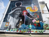 A 9 metre George Michael mural painted in Kingsbury by artist Dawn Mellor, North West London.