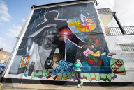 A 9 metre George Michael mural painted in Kingsbury by artist Dawn Mellor, North West London.