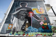 A 9 metre George Michael mural painted in Kingsbury by artist Dawn Mellor, North West London.