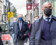 Michel Barnier the European chief negotiator walks through Westminster in London for talks with the Government over Brexit. 