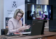 PHOTO UNDER EMBARGO UNTIL SATURDAY NOVEMBER 28, 2020, 06.00 AM CET - Belgium's Queen Mathilde talks to journalists during a virtual interview on the occasion of the 20th anniversary of Queen Mathilde Foundation, in Brussels