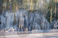 FEATURE - Das gefrorene Wasser aus einer Pfütze verursacht eine bizarre Eisformation am Strassenrand im britischen Headley