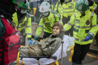 Swampy’s eco-warrior son grinned as he was carried away from the HS2 tunnel underneath London Euston station after 22 days underground.
