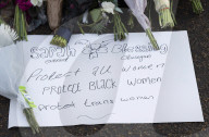 Floral & written tributes for Sarah Everard left by hundreds of Londoners laying flowers at a bandstand in Clapham Common, London.