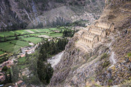 Pinkullyuna Inca Storehouses above Ollantaytambo, Sacred Valley of the Incas (Urubamba Valley), near Cusco, Peru