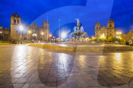 Plaza de Armas Fountain, Cusco Cathedral and Church of the Society of Jesus at night, Cusco, Peru