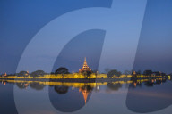 Mandalay City Fort and Palace reflected in the moat surrrounding the compound at night, Mandalay, Myanmar (Burma)