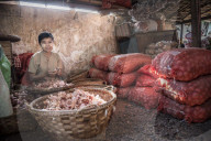 Hsipaw market, portrait of a woman peeling onions, Shan State, Myanmar (Burma)