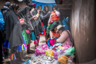 Traditional Peruvian Quechua women at Taquile Market on Taquile Island, Lake Titicaca, Peru