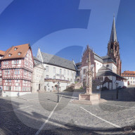 Stiftsplatz Square with Stiftsmuseum, Stiftsbrunnen  fountain and Stiftskirche Church St.Peter und Alexander, Aschaffenburg, Lower Franconia, Bavaria, Germany
