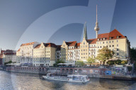 Nikolaiviertel Quarter, Spree River and Berliner Fernsehturm TV Tower, Berlin, Germany