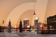 Oberbaum Bridge between Kreuzberg and Friedrichshain, TV Tower, Spree River, Berlin, Germany