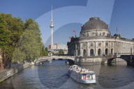 Excursion boat on Spree River, Bode Museum, Museum Island, UNESCO World Heritage Site, TV Tower, Mitte, Berlin, Germany