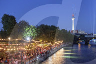 Urban beach Strandbar Mitte near Bode Museum, TV Tower, Spree River, Mitte, Berlin, Germany