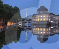 Bode Museum and TV Tower reflecting on Spree River, Museum Island, UNESCO World Heritage Site, Mitte, Berlin, Germany