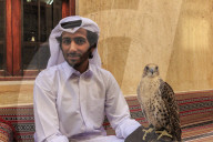 Seated man in traditional dress relaxes with his falcon at the Falcon Souq, Doha, Qatar, Middle East