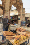 Bread seller with cart, Aftimos Souk, Mauristan, Christian Quarter, Old City, Jerusalem, UNESCO World Heritage Site, Israel