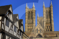 Half-timbered Leigh-Pemberton House and Lincoln Cathedral, from Castle Square, Lincoln, Lincolnshire, England