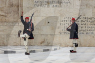 Evzone soldiers, Changing the Guard, Tomb of the Unknown Soldier, Parliament Building, Syntagma Square, Athens, Greece, Europe