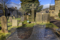 Saxon Cross and Plague victim's table tomb (Catherine Mompesson), Eyam Church, Plague Village, Eyam, Derbyshire, England