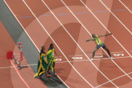 Usain Bolt after winning Men's 200m final, strikes lightning bolt pose, Stadium, London 2012, Olympic Games, London, England, United Kingdom, Europe