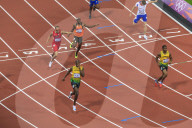 Usain Bolt after winning Men's 200m final, with finger to lips, Stadium, London 2012, Summer Olympic Games, London, England, United Kingdom, Europe