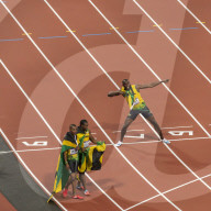 Usain Bolt after winning Men's 200m final, strikes lightning bolt pose, Stadium, London 2012, Olympic Games, London, England, United Kingdom, Europe