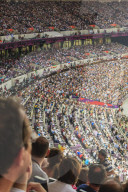 Spectators in a packed Olympic Stadium, including media area, London 2012, Summer Olympic Games, London, England, United Kingdom, Europe